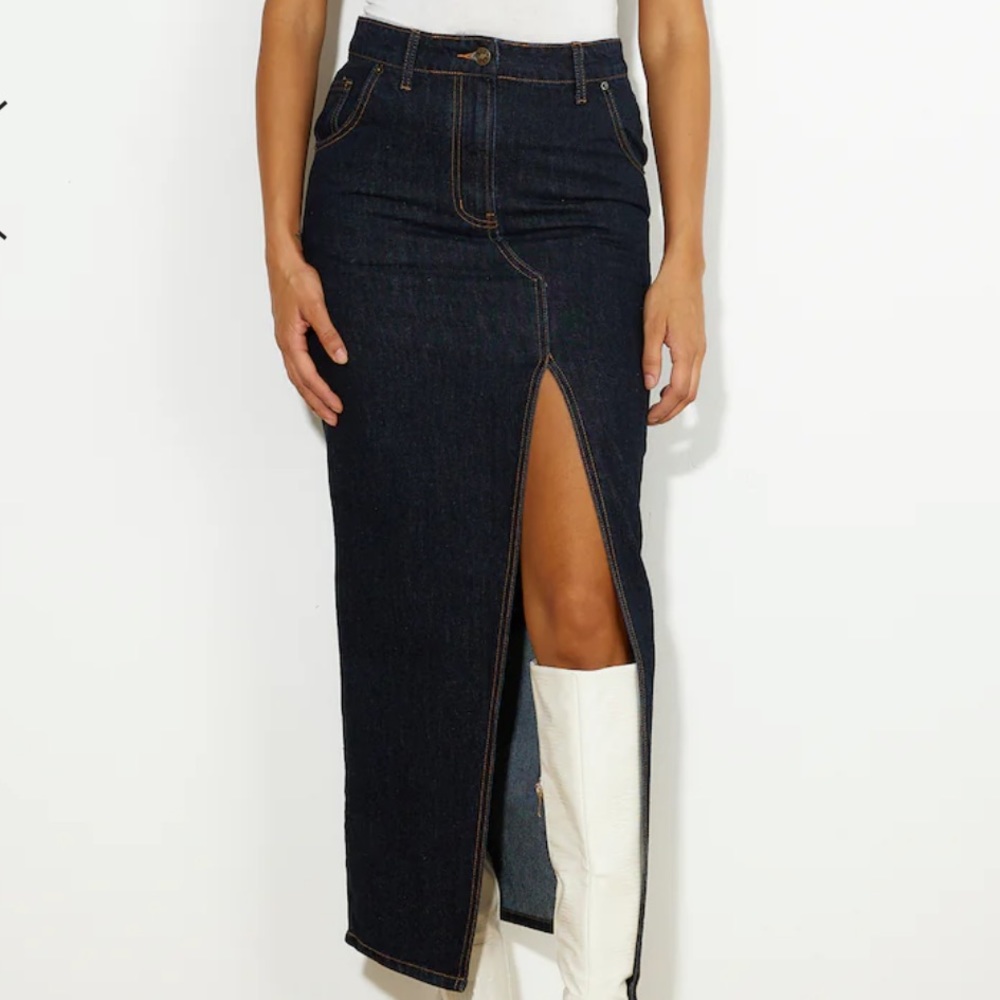 LIONESS Dark Blue Denim Split Midi Skirt